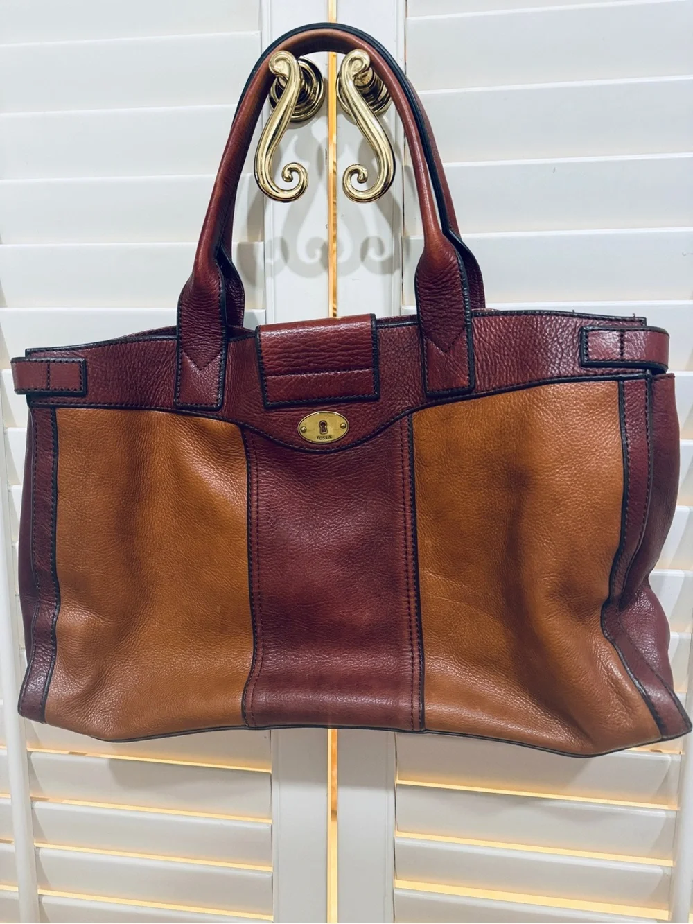 Fossil Two-Tone Brown Leather Shoulder Tote